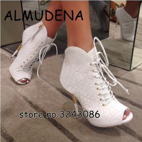 Crocodile Leather Women Stiletto High Heels Peep Toe Sandal Boots Lace Up White Black Leather Thin Heels Ankle Booties Shoes