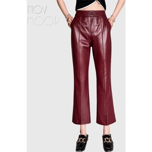 Novmoop sheepskin genuine leather women ankle length pants comes in winered black elegant office lady Pantalons en cuir LT3476