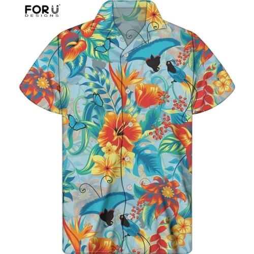 FORUDESIGNS Mens Clothing Summer Hawaiian Style Floral Parrot Bird Pattern Short Sleeved Tees Plus Size Beach Shirts Mujer