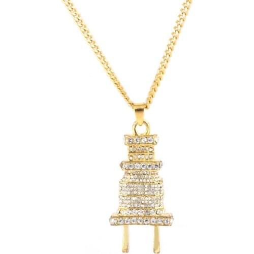 Vintage Men Full Crystal Wall Plug Necklace Hip Hop Rock Rhinestone Curb Chain Necklace Pendant For Women Trendy Jewelry