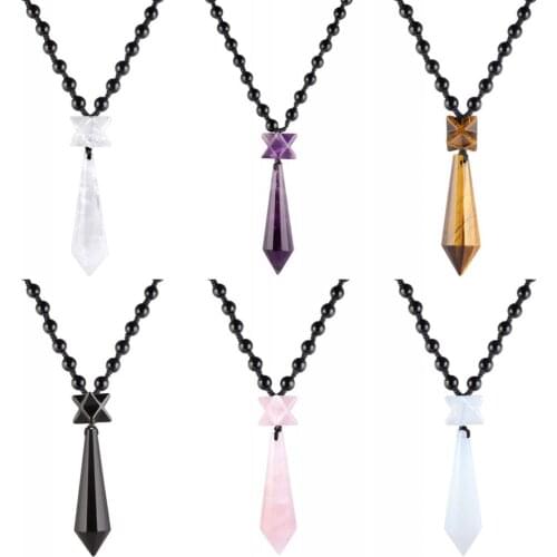 TUMBEELLUWA Healing Crystal Merkaba Point Pendant Necklace with Beads Chain Adjustable,Chakra Gem Stone Pendulum Dowsing Jewelry