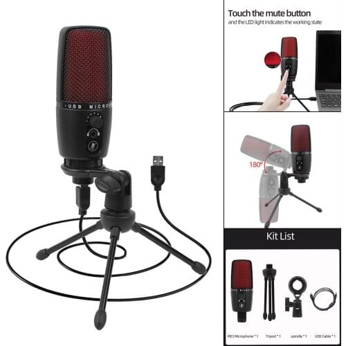 USB Cardioid Condenser Microphone with Tripod Desk Mic, Red LED, Adjustable Gain