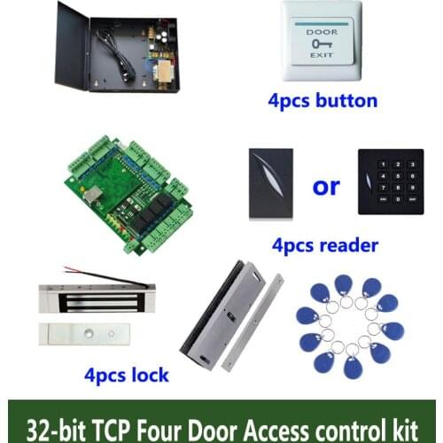 Access control kit,TCP four door access control+powercase+180kg magnetic lock+U-bracket +ID reader+button+10 ID tags,sn:kit-T404