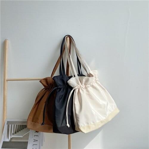 Korean Women Canvas Bag Ruched Lady Solid High-Capacity Shoulder Bag Handbag String Simple Shopping Bag