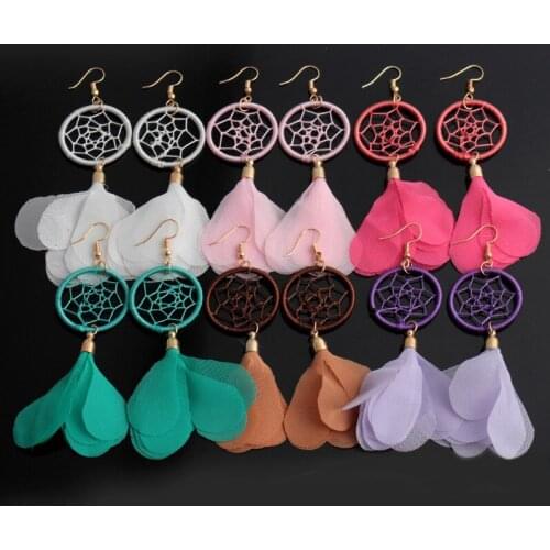 Korean Version Hot Selling Hand Made Dreamcatcher National Style Long Fabric Earrings Seaside Holiday Tassel Earrings Jewelry