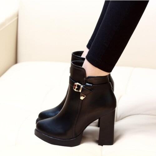 Short Boots Leather Dress Women Autumn Winter Boots with Fur Warm Fashion High Heel Platform Shoes Black Heels for Women
