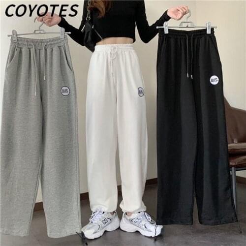 COYOTES Womens Pants Elastic High Waist Wide Leg Pant Women Straight Sports Trousers Korean Style Tie feet Casual Loose