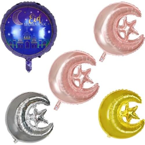 50pcs 18'' Round Eid Mubarak Foil Balloons Hajj Mubarak Decorations Star Moon Helium balloon Ramadan Kareem Eid Al-Fitr Supplies