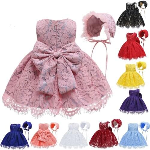 Summer Sleeveless Big Bowknot Baby Girl Dress 1st Birthday Party Wedding Dress For Girl Palace Princess Dresses With Hat