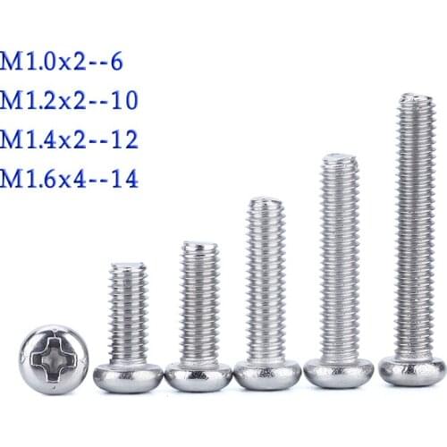 100pcs round head mini screw DIN7985 M1.0 M1.2 M1.4 M1.6 stainless steel cross drive pan head silver color machine micro screw