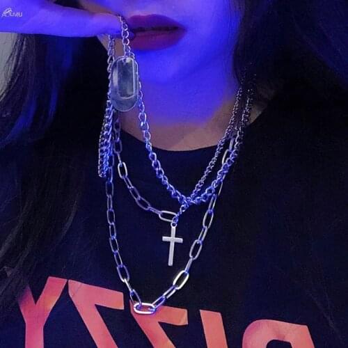 2020 Personality Hip Hop Multilayer Necklace Metal Cross Pendant Silver Color Chain Necklace for Women Men Unisex Jewelry