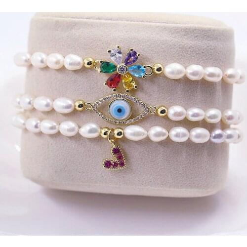 Natural Pearl Turkish Evil Eye Bracelet Women Trendy Heart/Hand/Flower Weave Baroque Freshwater Pearl Charm Bangle Jewelry Gift