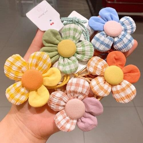 New Polka Dot Plaid Flower Hair Accessories Ponytail Holder Gums Summer Fresh Cute Striped Dots Flower Hair Ties Ropes Wholesale