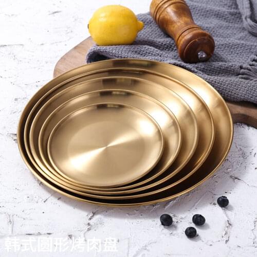 Dinner Plates Stainless steel golden plate Tray Western Steak Round Tray Serving Dishes Round Plate Cake Kitchen Plates 2021