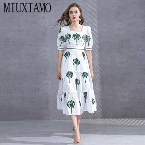 MIUXIMAO 2020 Fall Dress Newest Full Sleeve Cute Embroidery Green Tree Elegant Silm Casual Cake Dress Women Vestidos