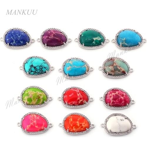 SSJC014 CZ Zircon Pave Natural Stone Pendant Sea Sediment Jasper Connector Copper Silver Color Design for Women Jewelry 16*20mm