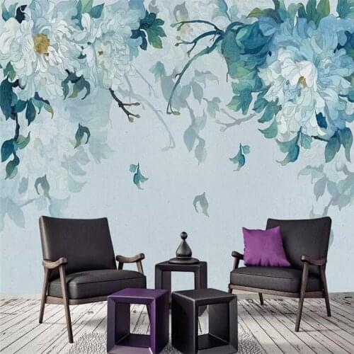 Simple blue peony flower living room background wall painting professional production mural wholesale wallpaper mural