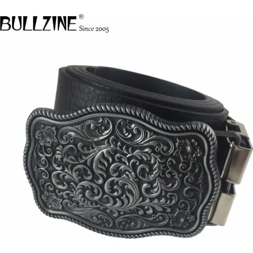 Bullzine western flower jeans cowboy gift belt buckle pewter finish and PU belt connecting clasp 03708 drop shipping