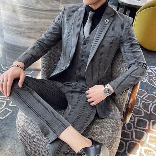 Luxury High Quality Classic Men Suit 3 Pieces Striped Men Wedding Suits Set Fashion Men Business Blazer Jacket+Pants+Vest