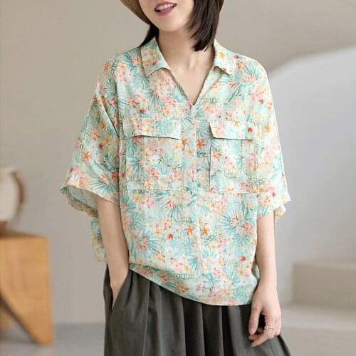 Cotton Women Linen Shirts Turn-down Collar Short Sleeve Double Pockets Print Floral Blouse 2021 Summer Korean Style Loose Shirts