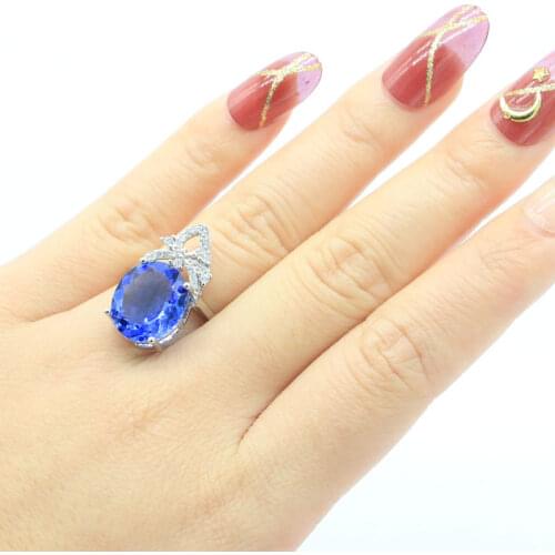 23x20mm Delicate Fine Cut Created Orange Spessartine Garnet Tanzanite Ladies Daily Wear Gift Silver Rings