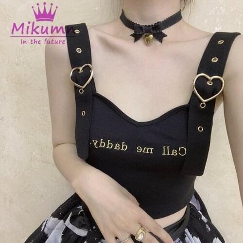 Harajuku Gothic Metal Love Letter Embroidery Strap Tank Top Punk Girl Cute Casual Slim Streetwear Crop Top Vest Camisole