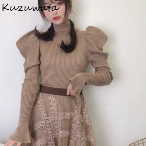 Vintage Turtleneck Chic Puff Long Sleeve Sweaters 2021 Spring New Knit Women Pullovers Solid Casual All-match Tops