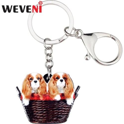 WEVENI Acrylic Sweet Double Cavalier King Charles Spaniel Dog Basket Key Chains Pendant Rings Animal Jewelry For Women Girls