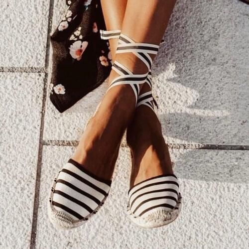 New 2020 Summer Flat Sandals Women Lace up Stripe Black Flats Espadrilles Sandals INS Hot Women Sandals Summer Shoes