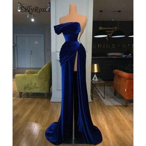 Dark Royal Blue Formal Velvet Evening Dresses for Women One Shoulder Sleeveless High Split Sexy Pleated Vestidos de fiesta