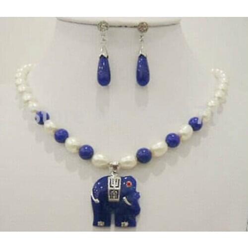 Free Shipping>>>white Akoya Cultured pearl & blue Jades elephant pendant necklace earrings