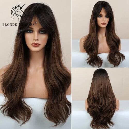 Blonde Unicorn Synthetic Long Ombre Dark Brown Wavy Wig Daily Hair Wigs for Black White Women High Density Heat Resistant Fiber
