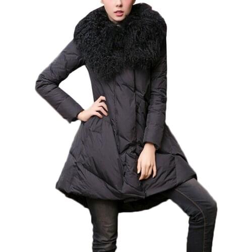 Plus Size Women Long Winter Down Jacket 100% Real Big Lapel Lamb Fur Collar Thick Warm Cotton Padded Black Green Parkas