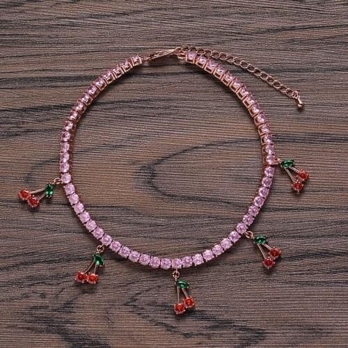 1 Row CZ Stone Tennis Cherry Anklet Trendy Jewelry for Women Bling Iced Out AAA Cubic Zirconia Anklet Beach Foot Chain Bracelets