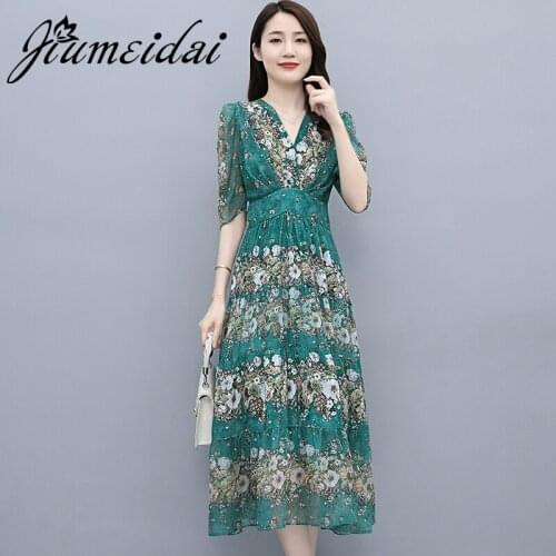 JiuMeiDai Women Summer Elegant A-Line Dress Office Lady Party Green Print Robe Femme Vintage Designer Chiffon Party Clothing