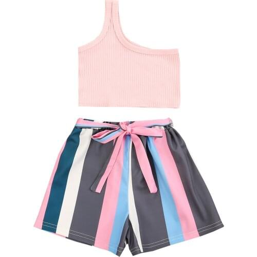 1-6Y Fashion Girl Clothing Set 2021 Summer Kid Girl Clothes Outfit One Shoulder Sleeveless Top Stripe Print Shorts 2pcs Set