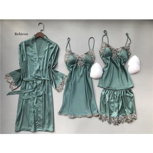 Summer Autumn Spring 5 Pieces Set Silk Elegant Women Pajamas Set Shorts Sleeve Top Elastic Waist Pants Lounge Sleepwear Set