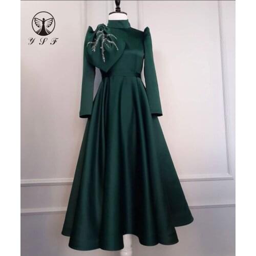 2021 Muslim Prom Dresses Dark Green High Collar Beaded Long Sleeve Ankle Length Vestidos De Formature