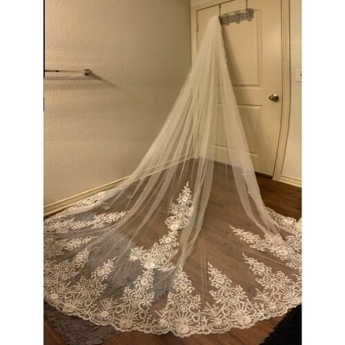 Real Photos White/Ivory 5M One Layer Wedding Veil With Comb Lace Edge Bridal Veils Wedding Appliqued Cathedral Veil Veu De Noiva