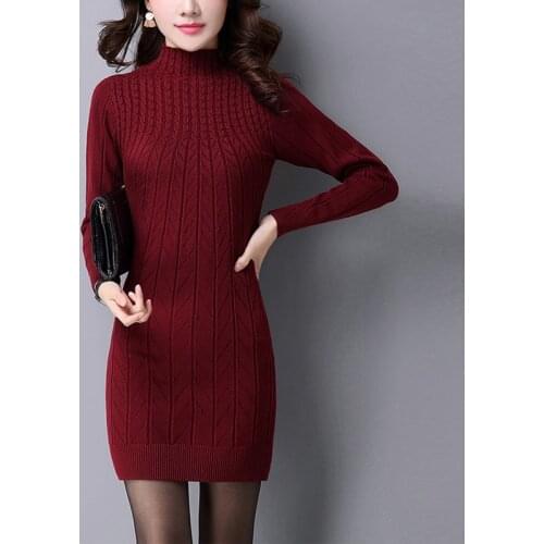 Autumn Knitted Cotton Solid Skinny Stand Collar Women Sweater Dresses Elastic S-3XL Sexy Winter Warm Vestidos Femme