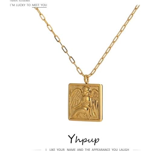 Yhpup Stylish Square Angel Pendant Necklace joyería acero inoxidable mujer Statement Stainless Steel Chain Choker Necklace Gift
