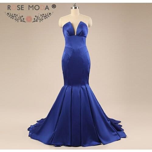 Rose Moda Deep V Neck Royal Blue Mermaid Prom Dress Reflective Dresses 2019