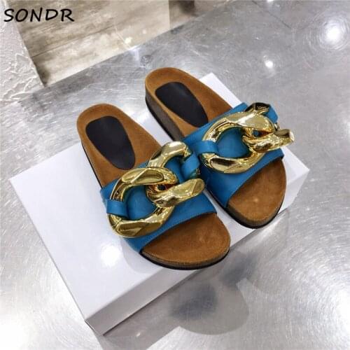 2021 Women Gold Chain Slippers Summer Genuine Leather Slip On Mules Flat Platform Casual Shoes Woman Brand Design Men Slippers