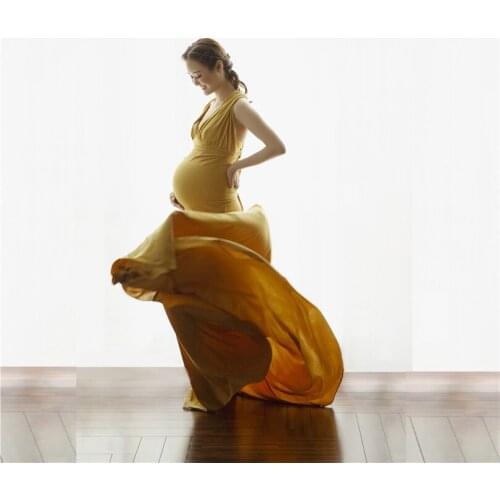 Yellow Jersey Maternity Wedding Gown Sexy Pregancy Dress with Train New Mama Hot Maternity Dress for Photoshoots