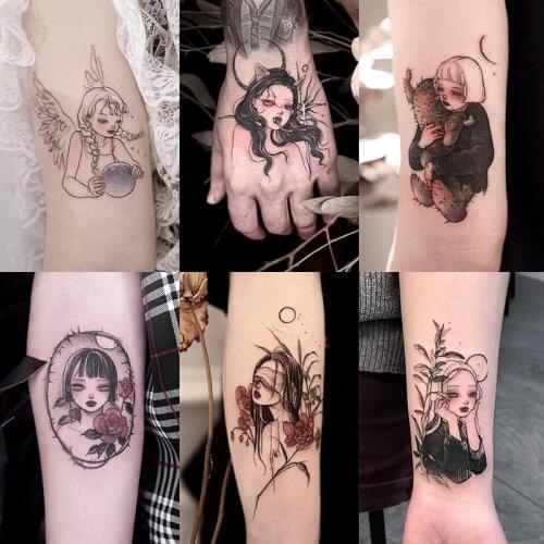 30pcs/lot Tattoo Stickers Dark Black Moon Dark Portrait Girl Japanese Temporary Tatto Transferable Waterproof Sticker Fake Tatoo