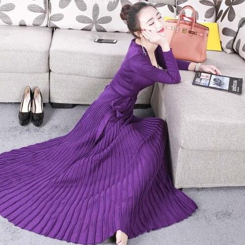 Womens dresses new arrival 2020 black / burgundy / purple knitted dress sexy deep v neck tie belt long sleeve pleated maxi dress