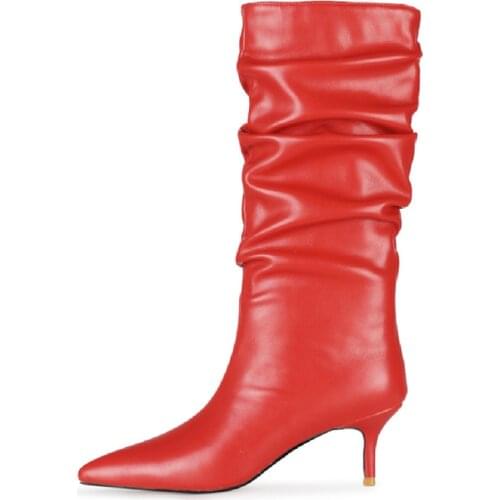 Sexy Heels Western Boots Fashion Pleated Knee High Boots Women Pointed Toe Red Beige Autumn Winter Party Shoes Female New 2021