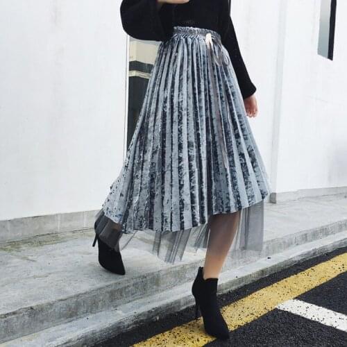 Women Winter Skirts Sweet Fashion Gauze Patchwork Gold Velvet Pleated Long Irregular Skirt Office Work Elegant Thick Skirts