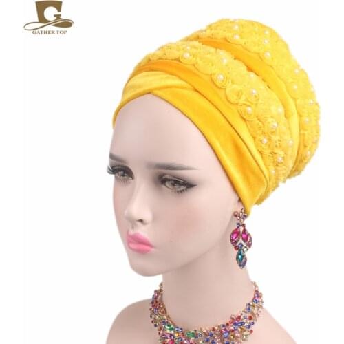 New fashion Luxury women Velvet turban 3D beaded flower Extra Long Head Wraps Hijab Head Scarf headscarf