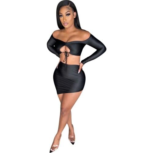 Classic Black Two Piece Outfits Women Skirts Sets Off Shoulder Long Sleeve Crop Top Holiday Summer Party Sexy Dress 2021 New